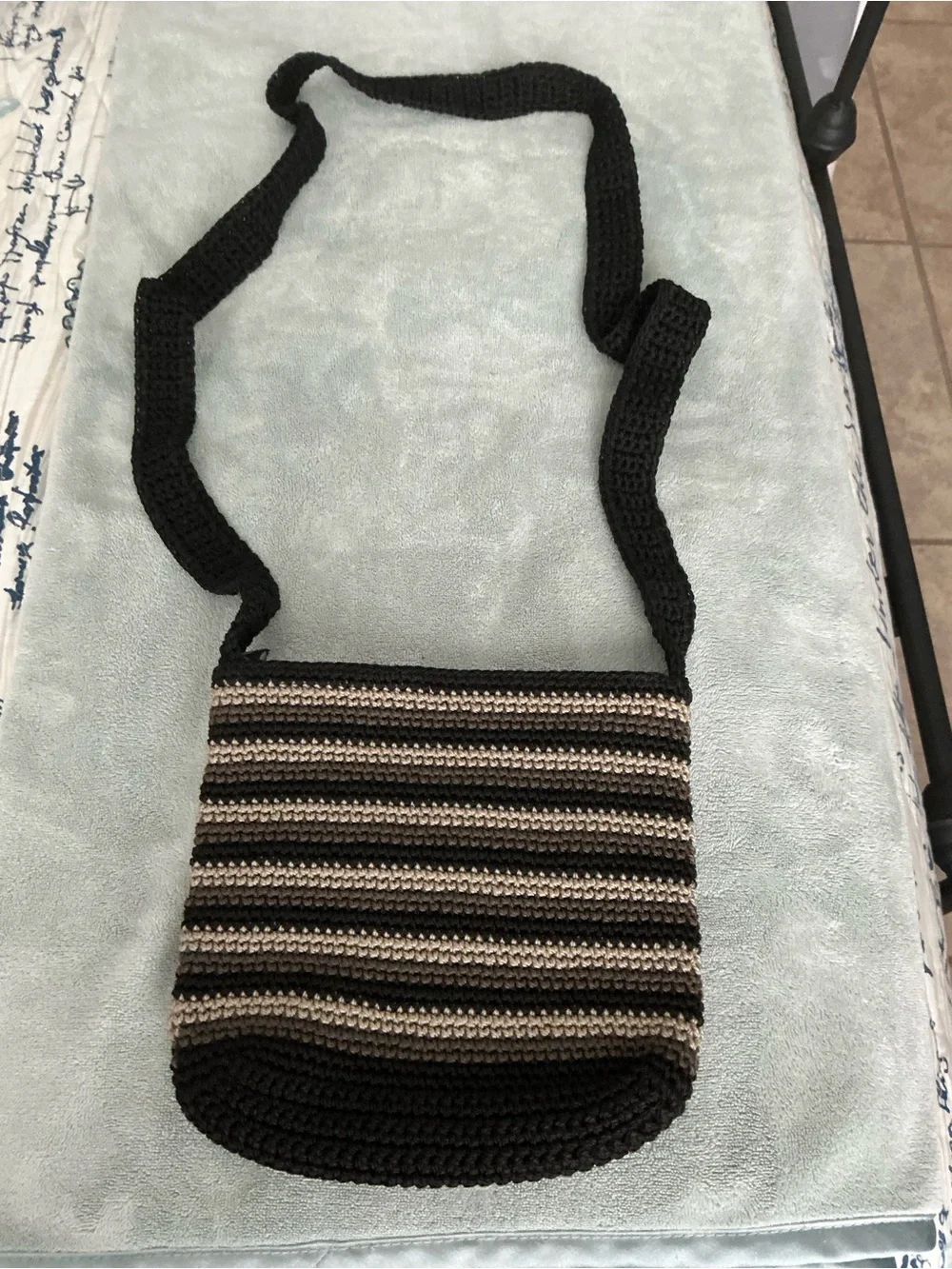 Handcrafted Black and Tan Striped Crochet Crossbody Bag
